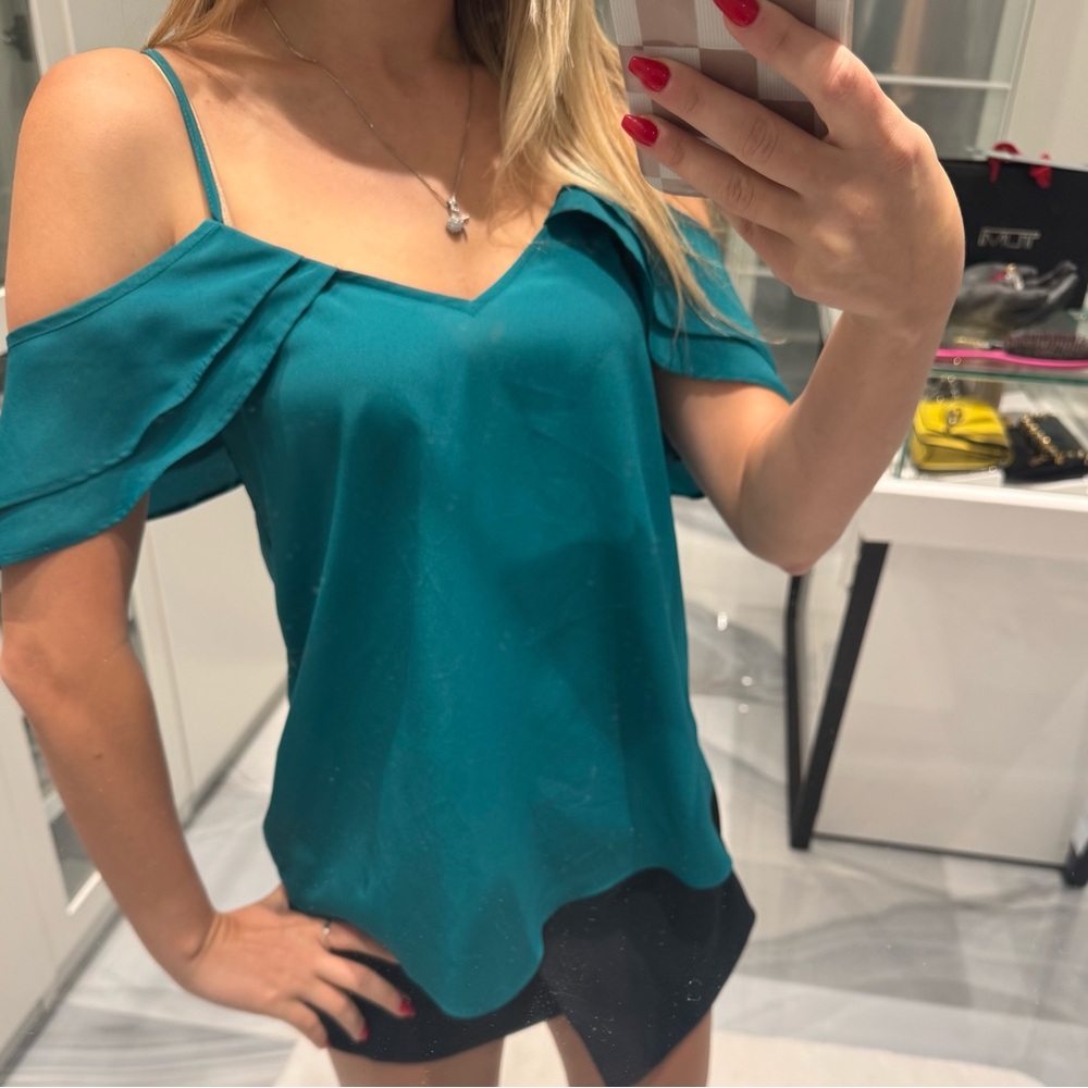Teal Cold Shoulder Top
